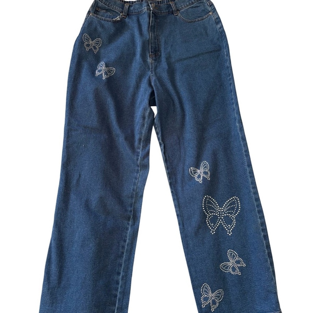 Quacker Factory Blue Flare Jeans with Floral Embellishments